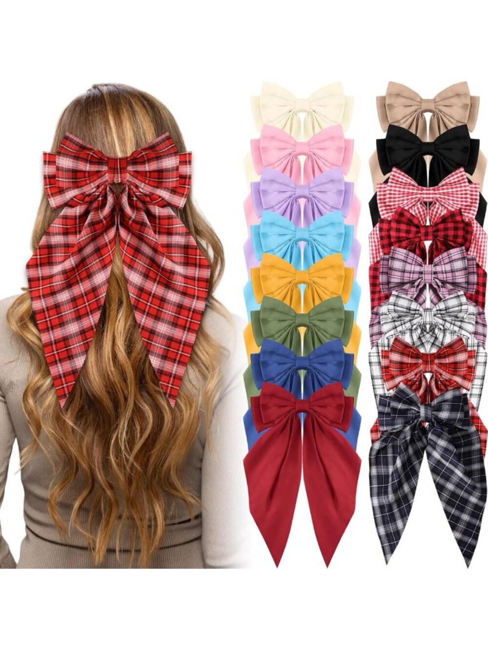 16 Pcs Silky Satin Hair Bows - Oversized Ribbons for Women, Long Tail Clips